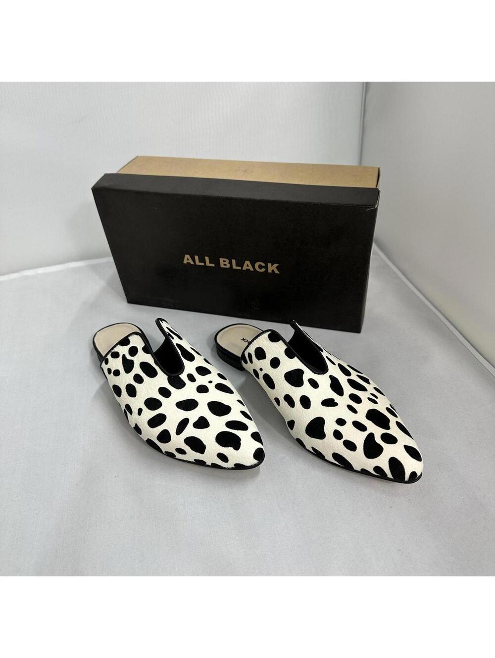 All Black Cowfur Slide Mule Loafers Ivory Black Cow Print Size 39.5